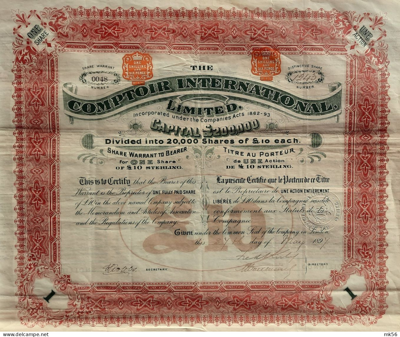 Comptoir Internationale Ltd - Titre Au Porteur De Une Action - London - 1897 !! - Other & Unclassified