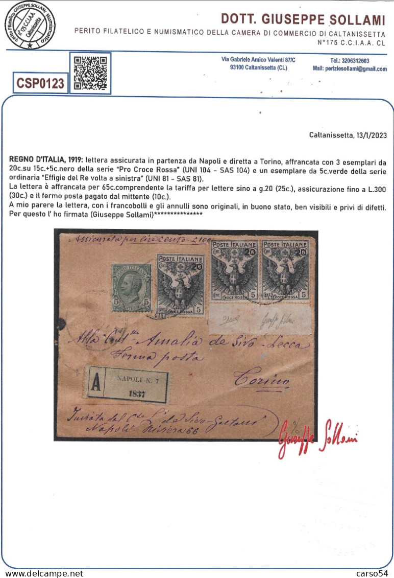 1919 - Lettera Assicurata Da Napoli Per Torino (Sassone N.104, N.81) Valore Catalogo 1.125 - Marcophilie