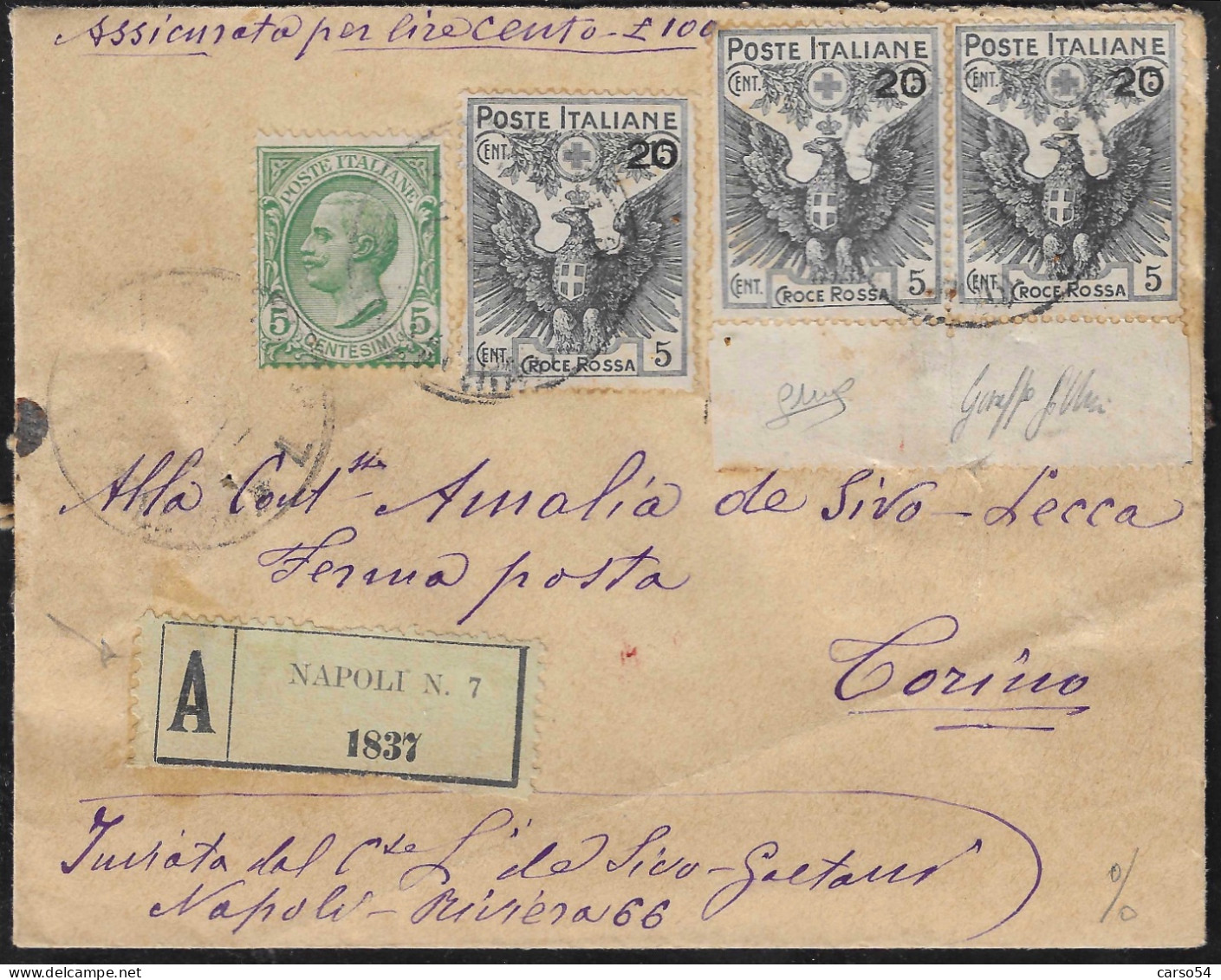 1919 - Lettera Assicurata Da Napoli Per Torino (Sassone N.104, N.81) Valore Catalogo 1.125 - Marcophilie