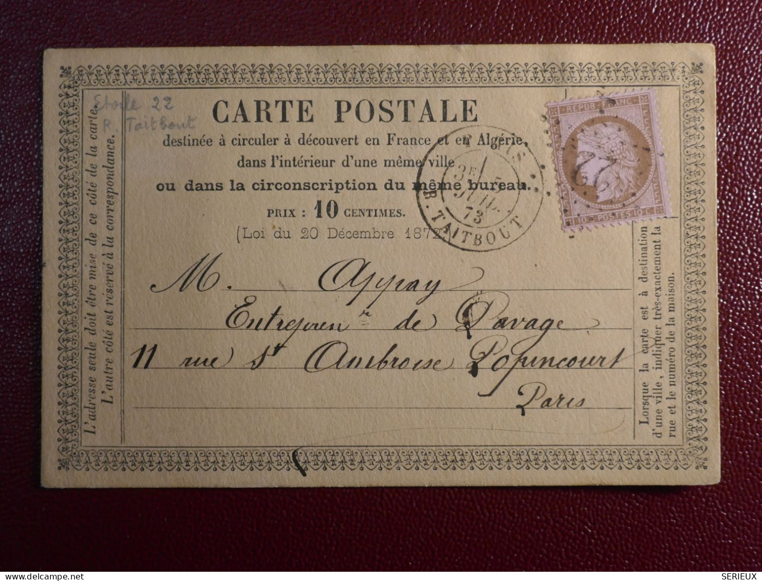 FRANCE    CARTE LETTRE  RR 11 NOV. 1864 ETOILE DE  PARIS  N° 22  + CERES 10C   + AFF. INTERESSANT+DP6 - 1849-1876: Klassieke Periode