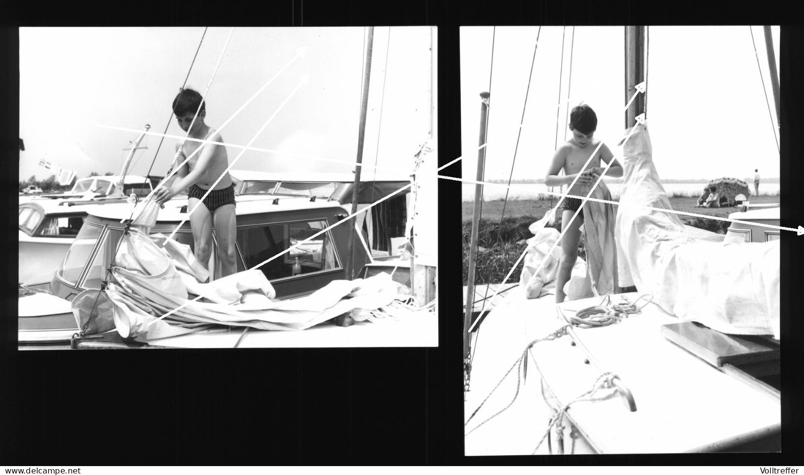 2x Orig. XL Foto 60er Jahre Portrait Süßer Junge Arbeitet Auf Boot, Cute Boy With Working On Sailing Ship Beach Fashion - Personnes Anonymes