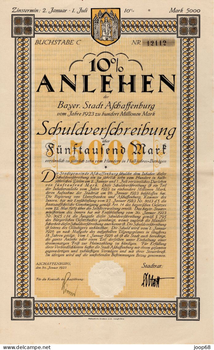 Deutschland - 10% Anlehen Bayer Stadt Aschaffenburg - Schuldverschreibung 1923 - Other & Unclassified