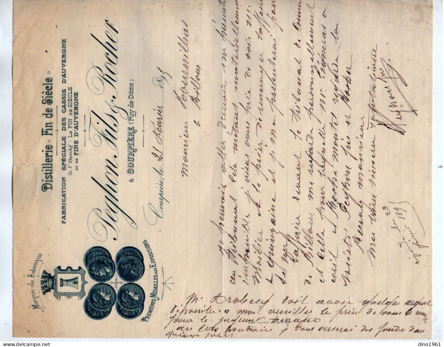 VP23.120 - 1895 - Lettre - Distillerie ¨ Fin De Siècle ¨ PEGHON Fils & ROCHER à COURPIERE ( Puy - De - Dôme ) - 1800 – 1899