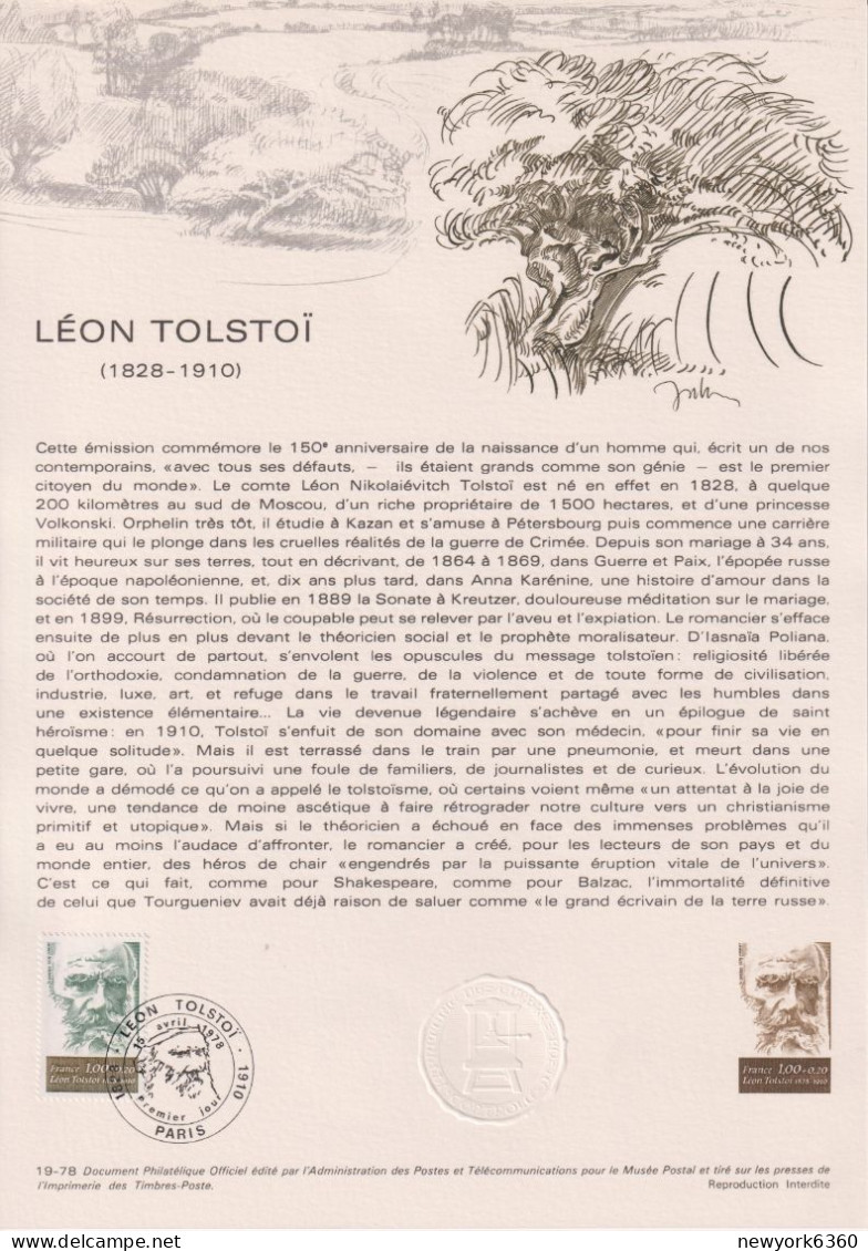 1978 FRANCE Document De La Poste Léon Tolstoï N° 1989 - Documents Of Postal Services