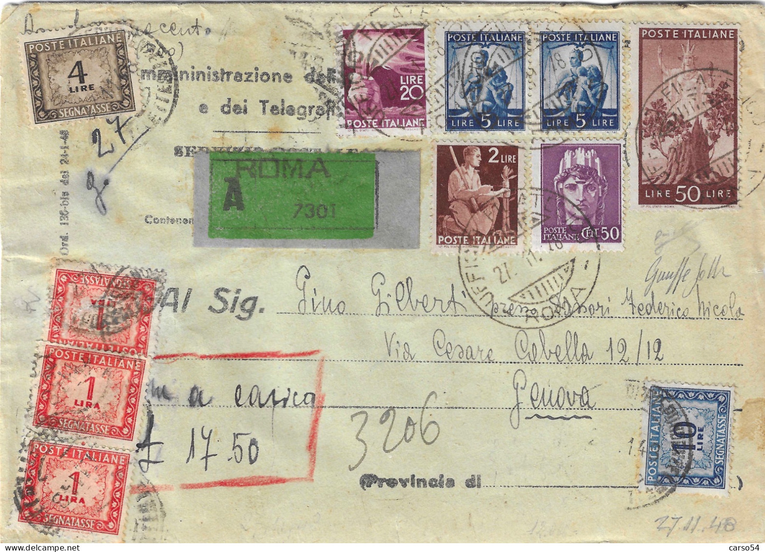 1948 - Lettera Da Roma Per Genova Affrancata Valori Democratica E Imperiale - 1946-60: Marcofilie