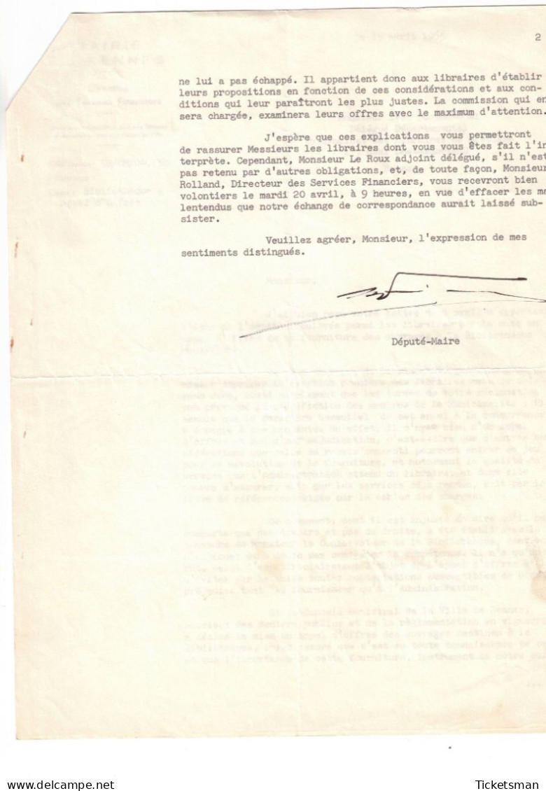Lettre Autographiée Originale Henri Fréville Député-Maire De Rennes 1965 - Unclassified