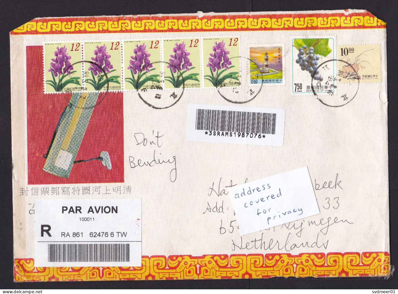Taiwan: Registered Cover To Netherlands, 1999, 8 Stamps, Flower, Lighthouse, Grapes, CN22 Customs Label (minor Damage) - Lettres & Documents