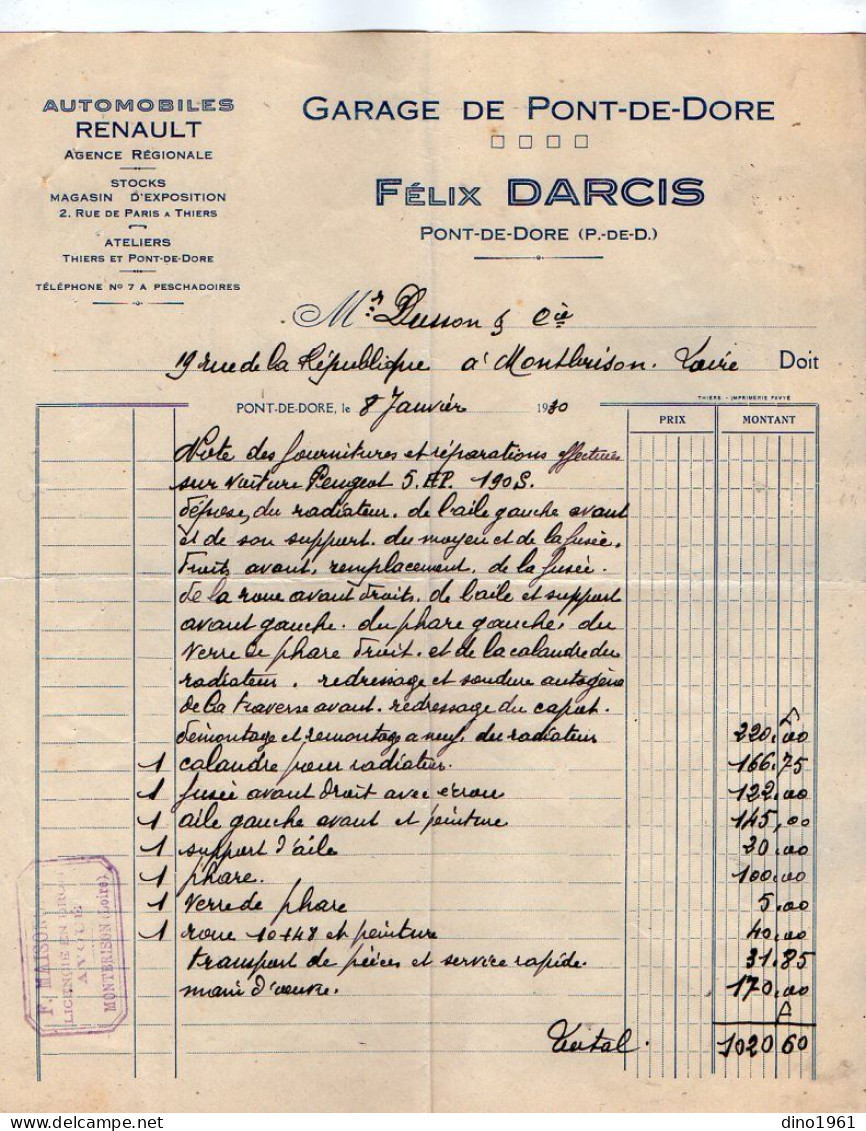 VP23.122 - 1930 - Facture - Automobiles RENAULT, Garage De PONT - DE - DORE, M. Félix DARCIS à PONT - DE - DORE & THIERS - Cars