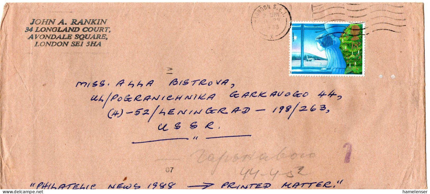 L78972 - Grossbritannien - 1988 - 18p Weihnachten EF A Bf LONDON -> LENINGRAD (UdSSR) - Lettres & Documents
