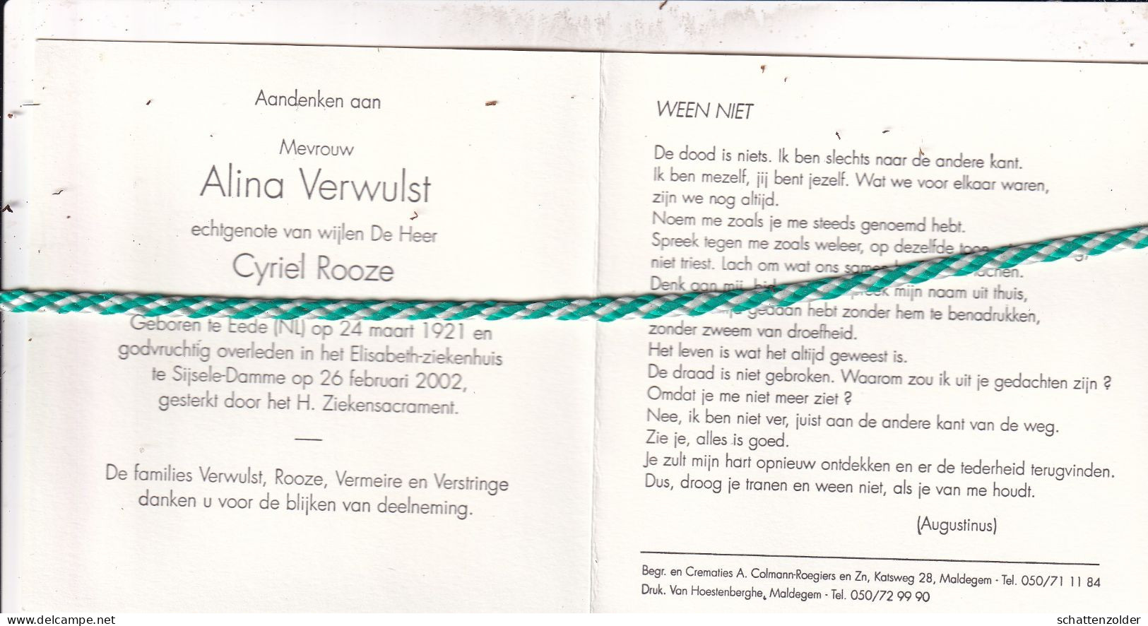 Alina Verwulst-Rooze, Eede (Nl) 1921, Sijsele-Damme 2002 - Obituary Notices