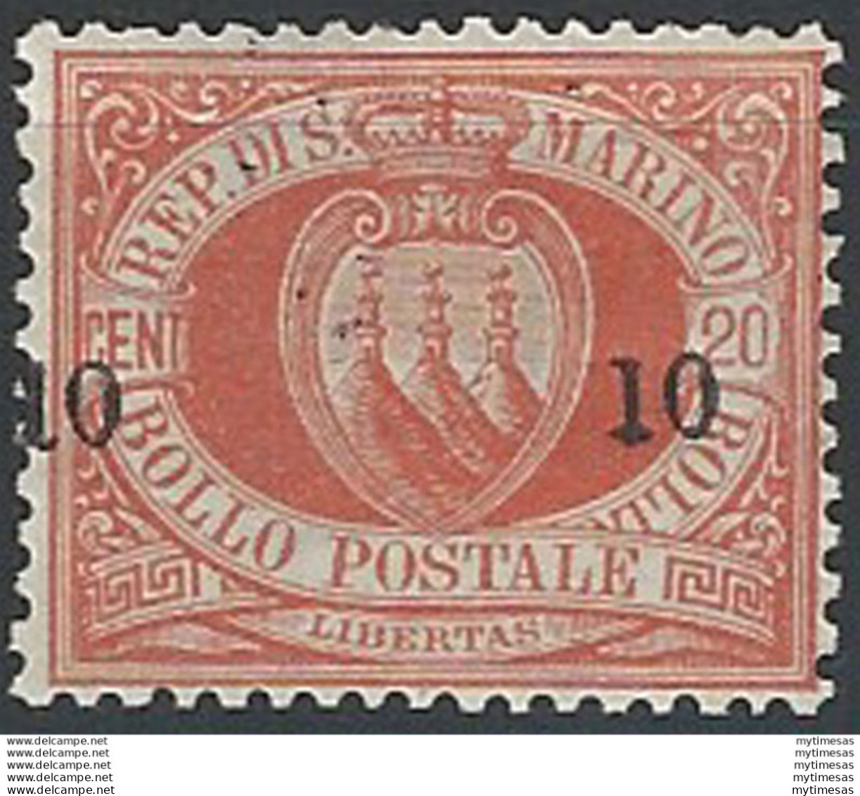 1892 San Marino Stemma 10c. Small Su 20c. Rosso Varietà MNH - Autres & Non Classés