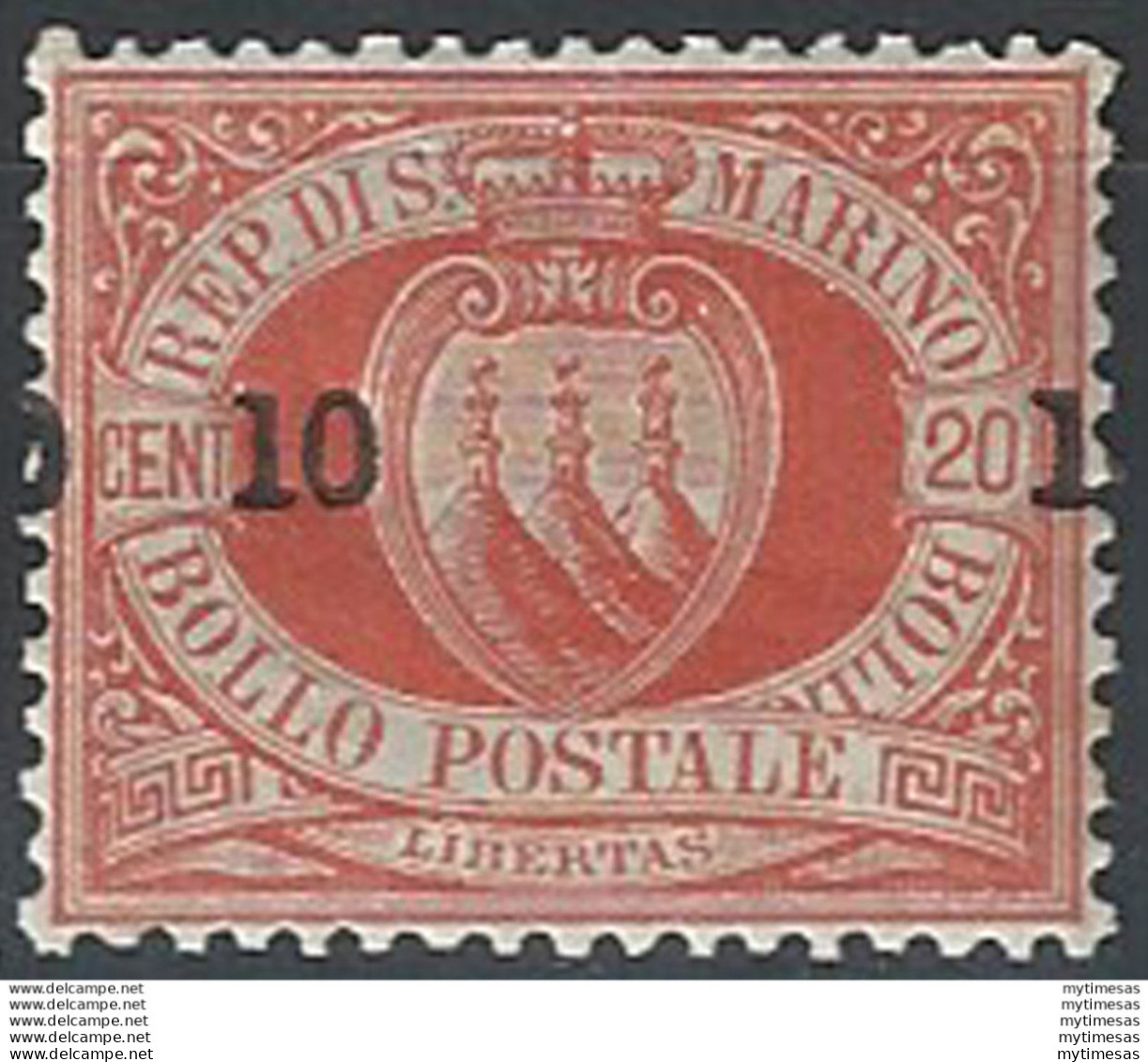 1892 San Marino Stemma "0 10 1" Su 20c. Rosso MNH Sassone N. 11h - Other & Unclassified