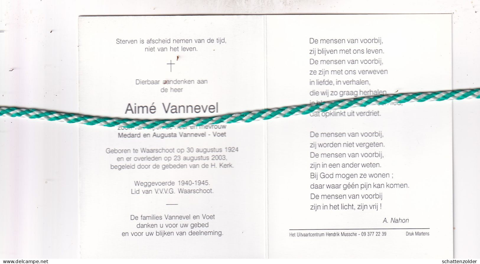 Aimé Vannevel-Voet, Waarschoot 1924, 2003. - Obituary Notices
