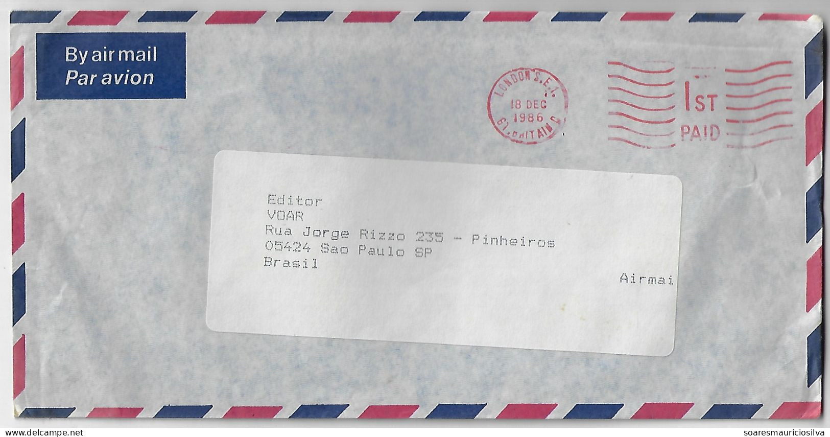 Great Britain 1986 Airmail Cover Sent From London To São Paulo Brazil Red Slogan Cancel With Waves 1st Paid - Covers & Documents