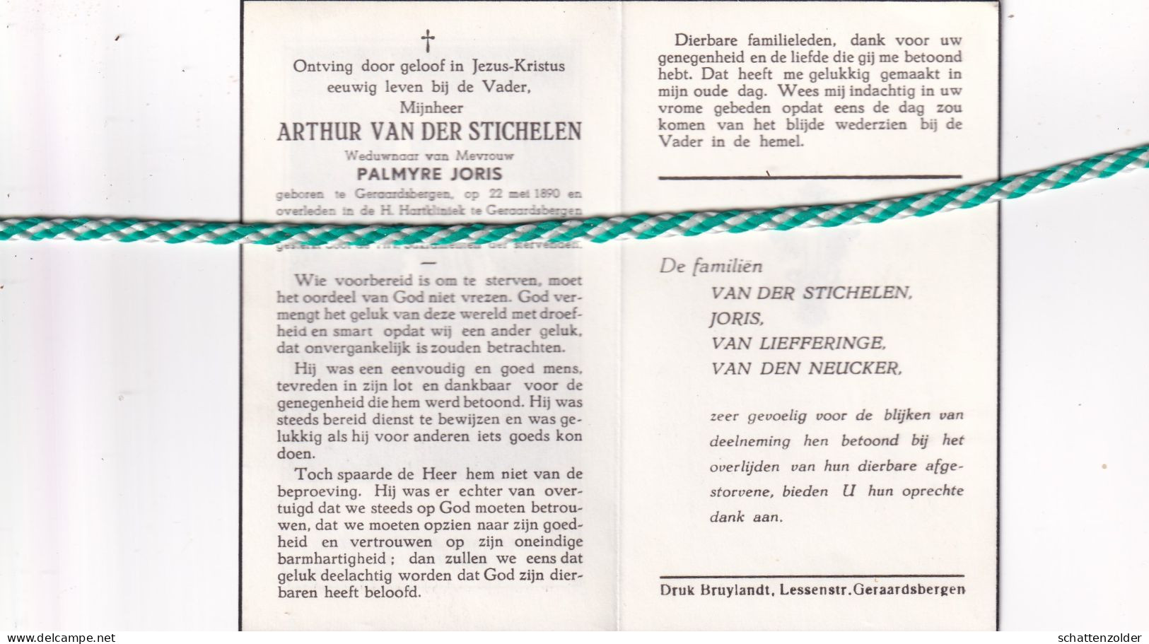 Arthur Van Der Stichelen-Joris, Geraardsbergen 1890, 1971 - Décès