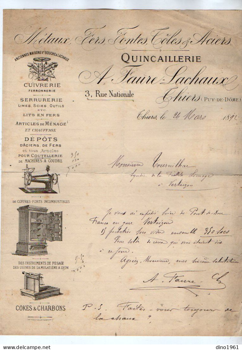 VP23.123 - 1892 - Facture - Machines à Coudre, Coffres - Forts, Balances.... Quincaillerie A. FAURE - LACHAUX à THIERS - 1800 – 1899