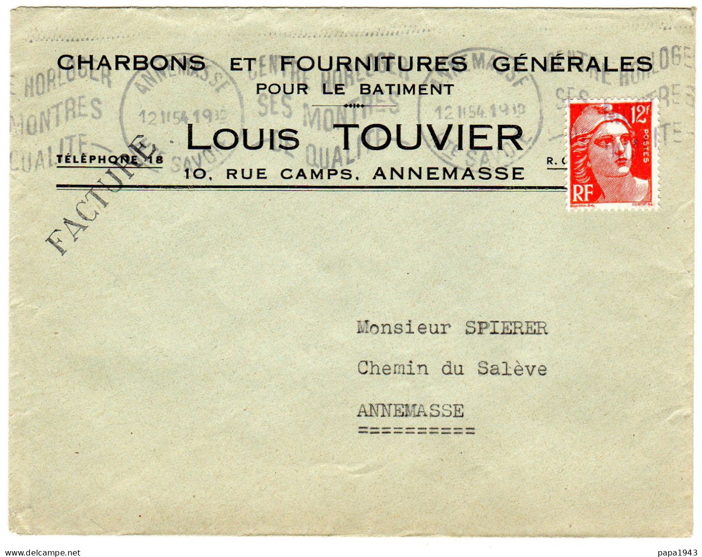 1954   "  Louis TOUVIER 10  Rue Camps ANNEMASSE " Charbons Et Fournitures Pour Le Batiment - Covers & Documents
