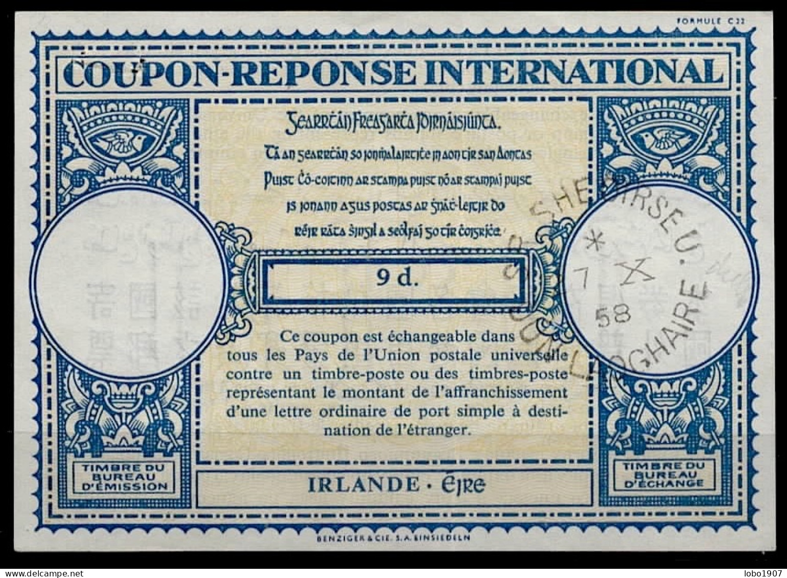 IRLANDE IRELAND ÉIRE  Lo16n 9d.  International Reply Coupon Reponse Antwortschein IRC IAS O DUN SHE OIRSEU DUN LAOGHAIRE - Entiers Postaux