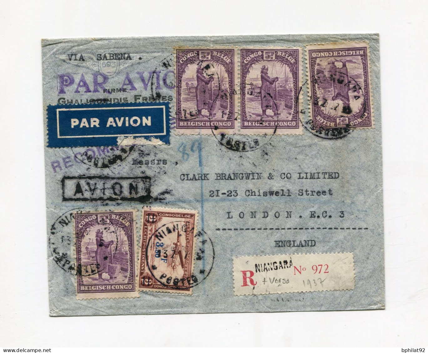 !!! CONGO BELGE, LETTRE RECO PAR AVION DE NIANGARA POUR LONDRES DE 1937, VIA SABENA - Lettres & Documents