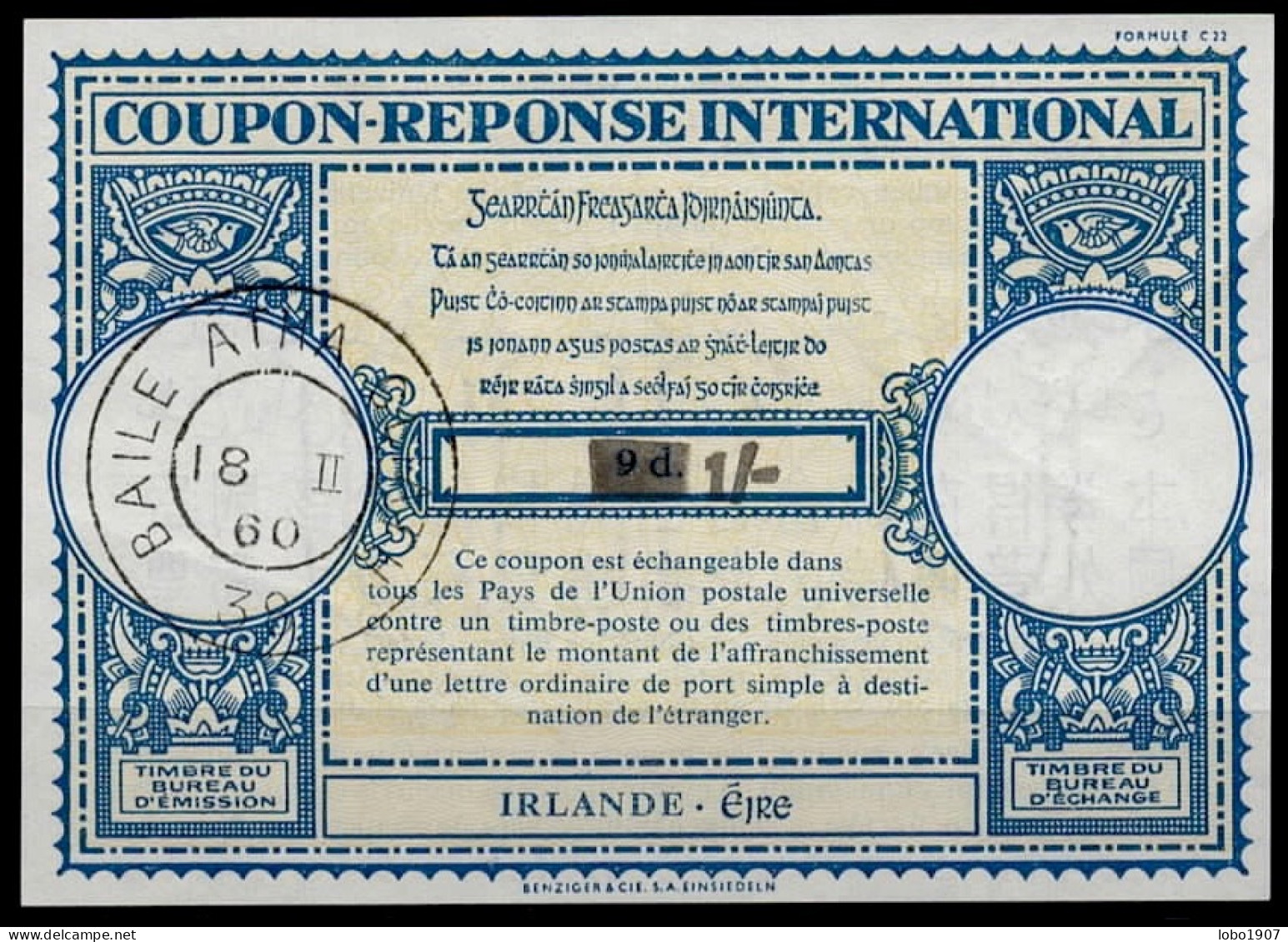 IRLANDE IRELAND ÉIRE  Lo16n HS Black 1/- On 9d. International Reply Coupon Reponse Antwortschein IRC IAS B.A.C. 18.02.60 - Entiers Postaux