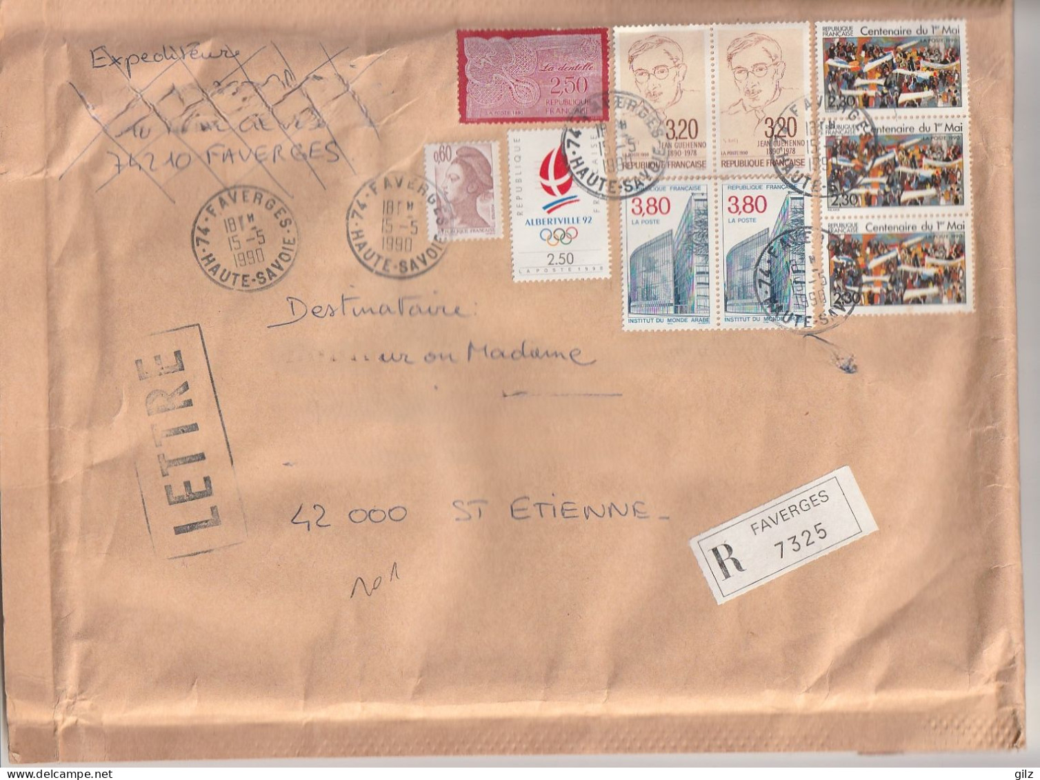 - Lettre RecommandéeFaverges (74) Pour St Etienne (42) 15.051990 - Bel Affranchissement Philatélique - Covers & Documents