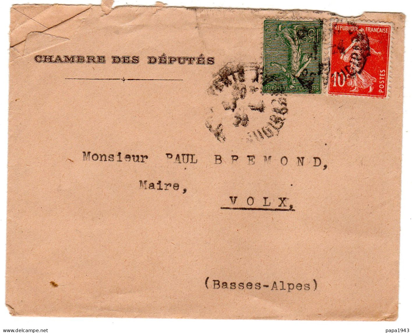 1920 " CHAMBRE Des DEPUTES " Sur Semeuses 10c + 15c  Envoyée à VOLX 04 - Lettres & Documents