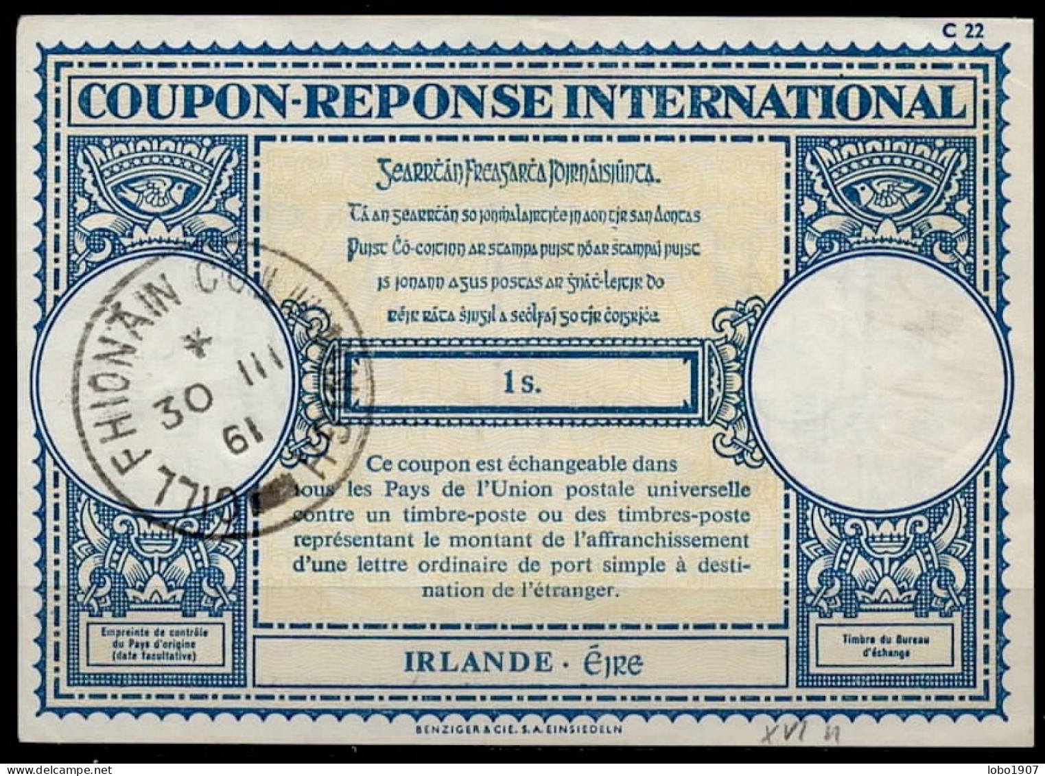 IRLANDE IRELAND ÉIRE  Lo17  1s.  International Reply Coupon Reponse Antwortschein IRC IAS O COIL FHIONÄIN COL … 30.03.61 - Entiers Postaux