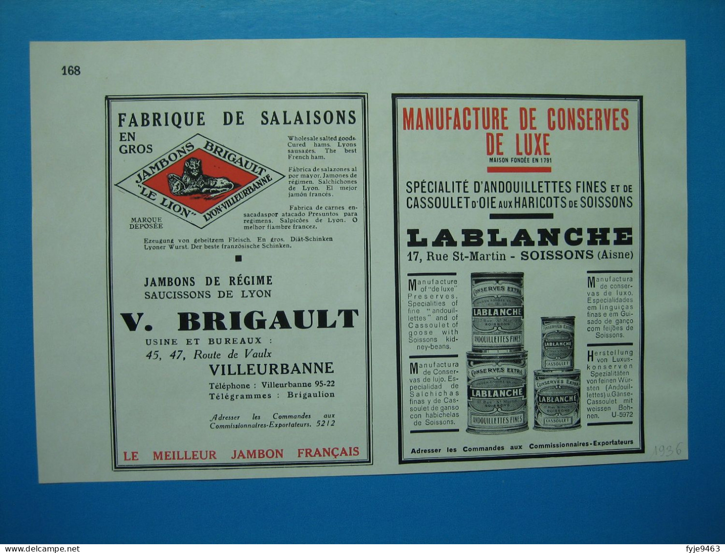 (1936) Conserves : GÉRARD NOSTEN à Coudekerque-BRANCHE --- V. BRIGAULT à Villeurbanne --- LABLANCHE à Soissons - Advertising