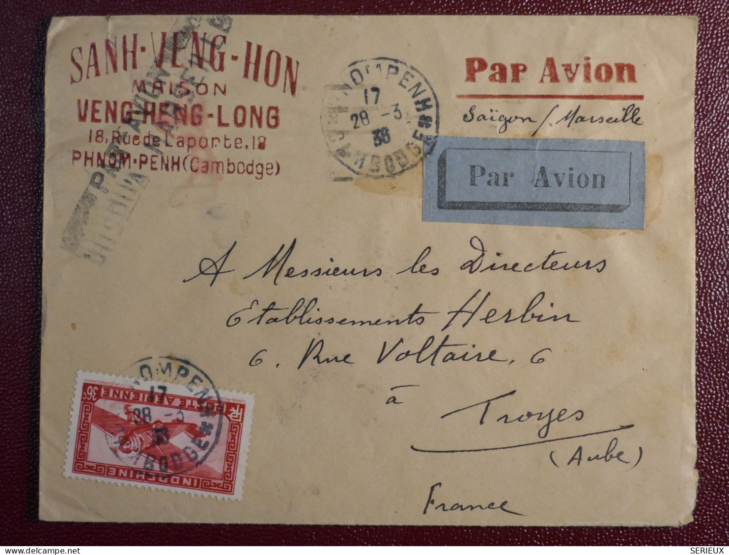INDOCHINE   BELLE  LETTRE 1936 PHNOM PENH A TROYES FRANCE  +VOL RETOURNé !!!!  + AFF. INTERESSANT+DP6 - Luftpost