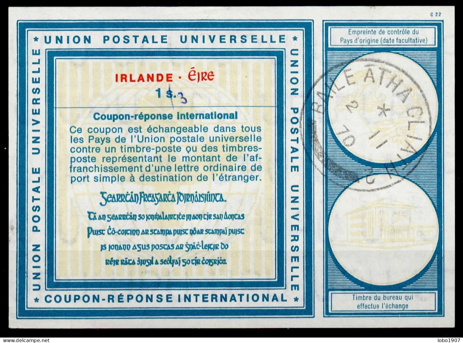 IRLANDE IRELAND ÉIRE  Vi19  (1s.) 3(d.) On 1s. International Reply Coupon Reponse Antwortschein IRC IAS O B.A.C. 02.11.7 - Entiers Postaux