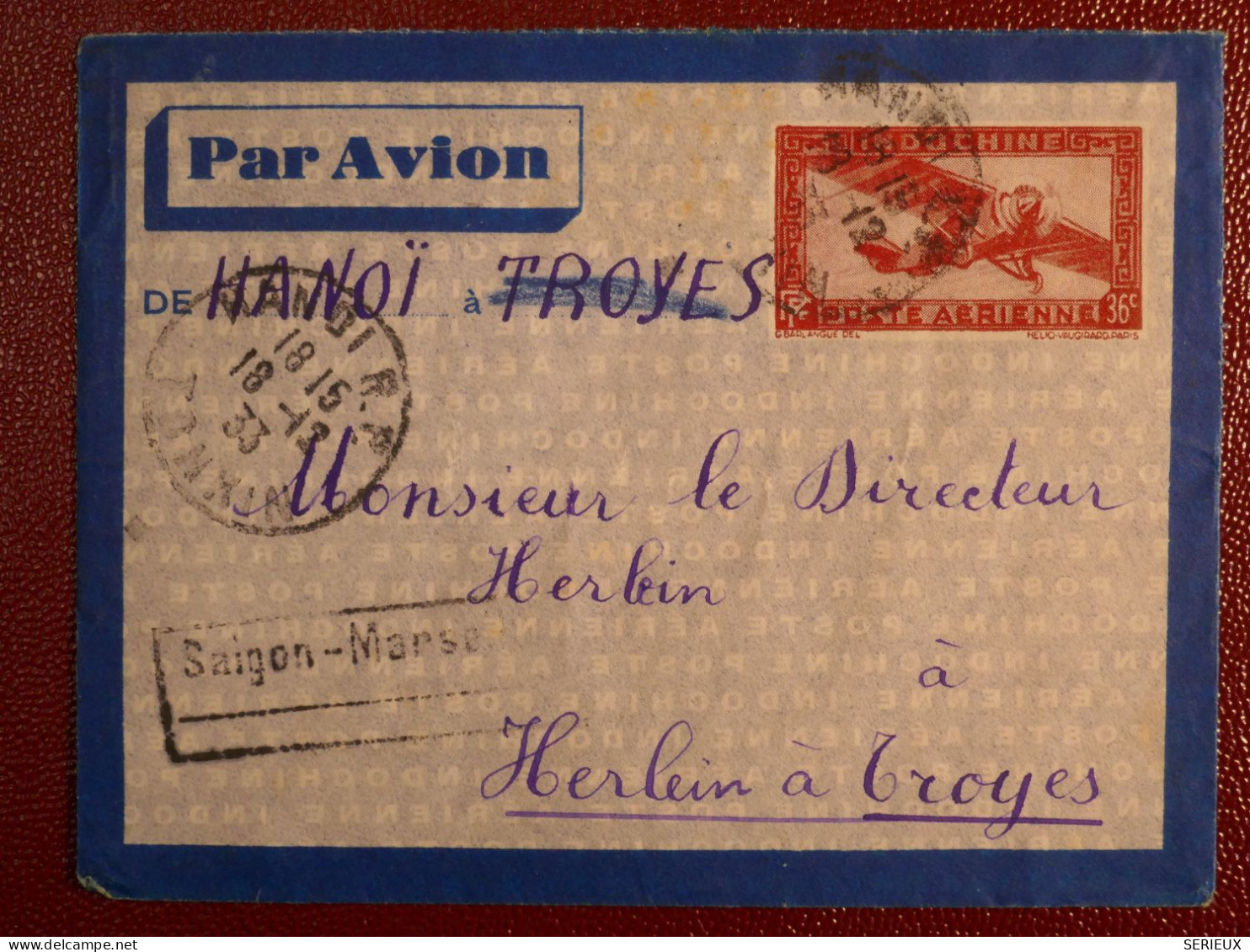 INDOCHINE   LETTRE RR ENTIER  1933 1934 HANOI TONKIN  A HERLEIN  TROYES FRANCE PROB.  +  + AFF. INTERESSANT+DP6 - Luchtpost