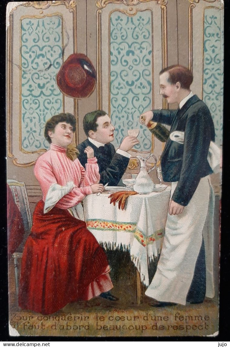 CPA Chromo  - Couple  Au Restaurant Serveur Servant Le Champagne " Pour Conquérir Le Coeur D'une Femme... - Parejas