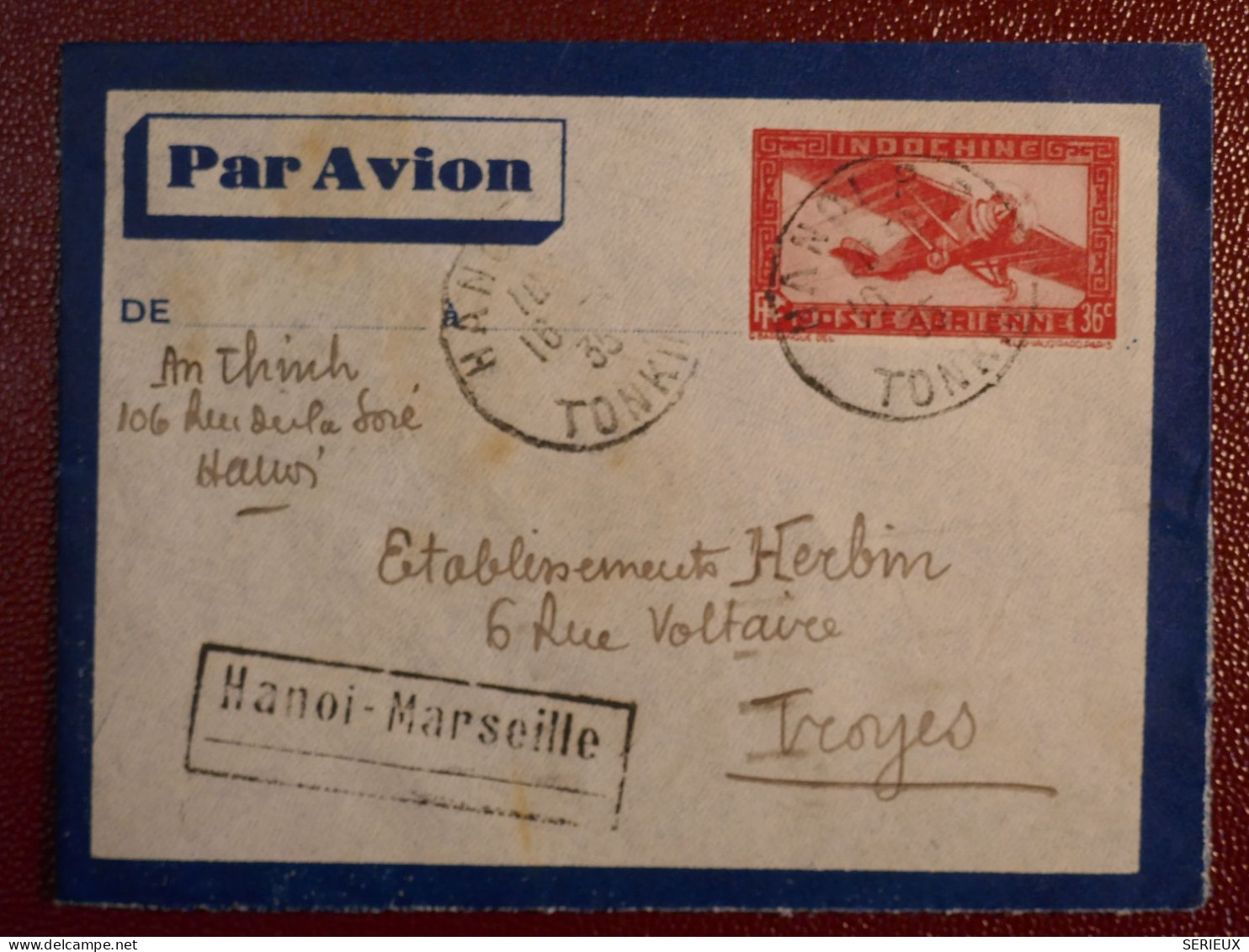 INDOCHINE   LETTRE RR ENTIER  1935 1934 HANOI TONKIN  A HERLEIN  TROYES FRANCE PROB.  +  + AFF. INTERESSANT+DP6 - Lettres & Documents