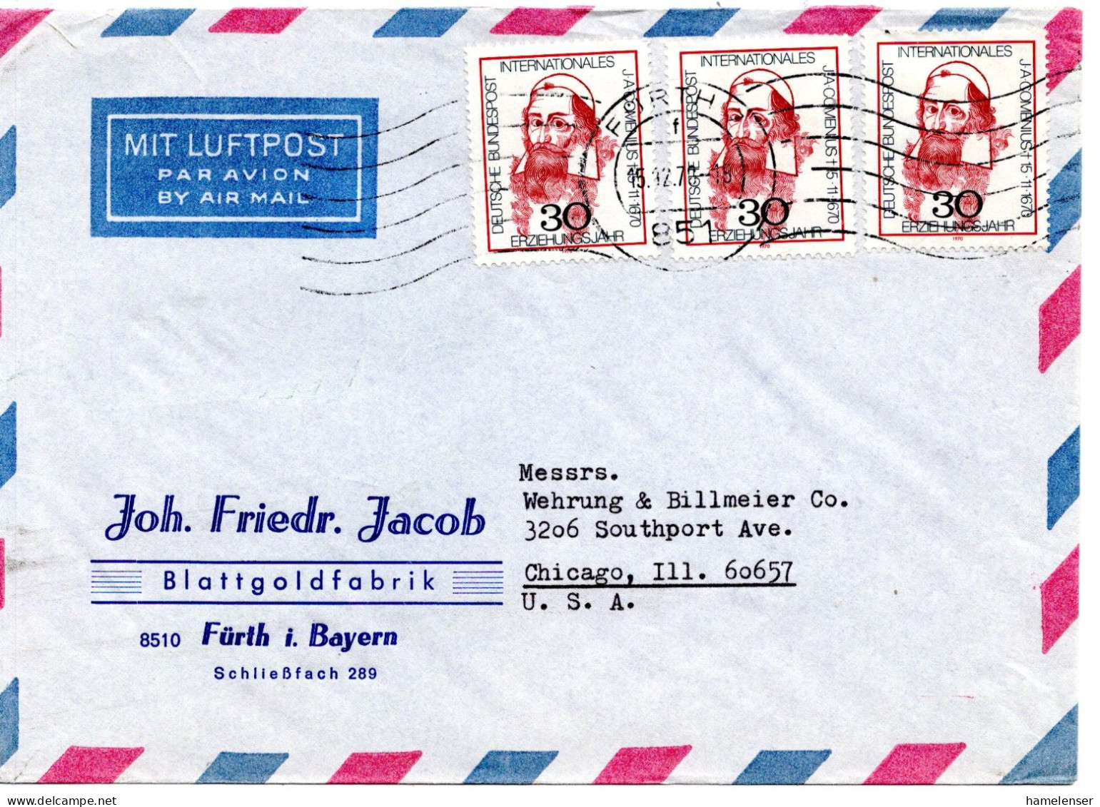 78980 - Bund - 1970 - 3@30Pfg Comenius A LpBf FUERTH -> Chicago, IL (USA) - Briefe U. Dokumente