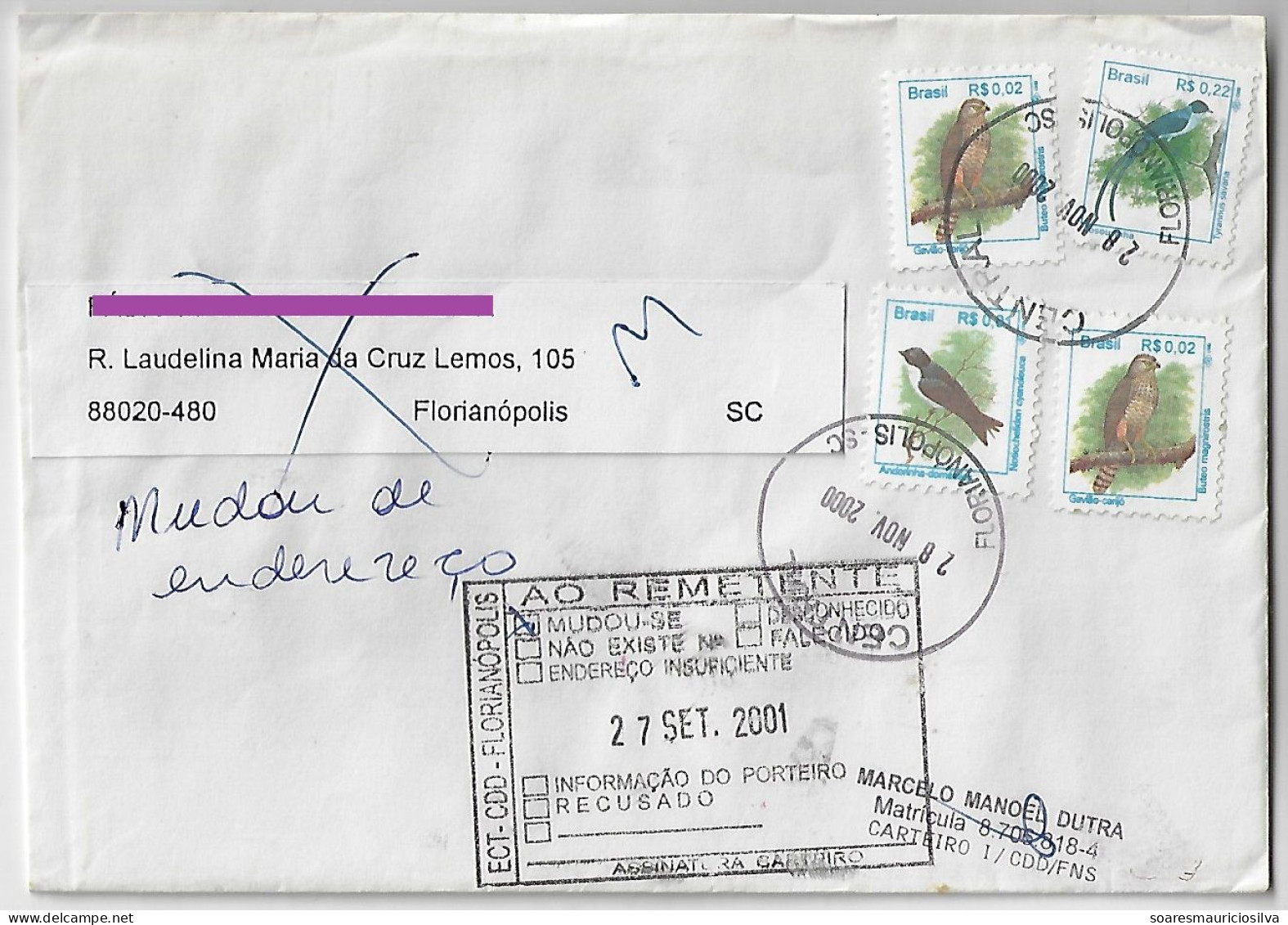Brazil 2001 Returned To Sender Cover From Florianópolis Agency Central Urban Bird Swallow Hawk Fork-tailed Flycatcher - Other & Unclassified