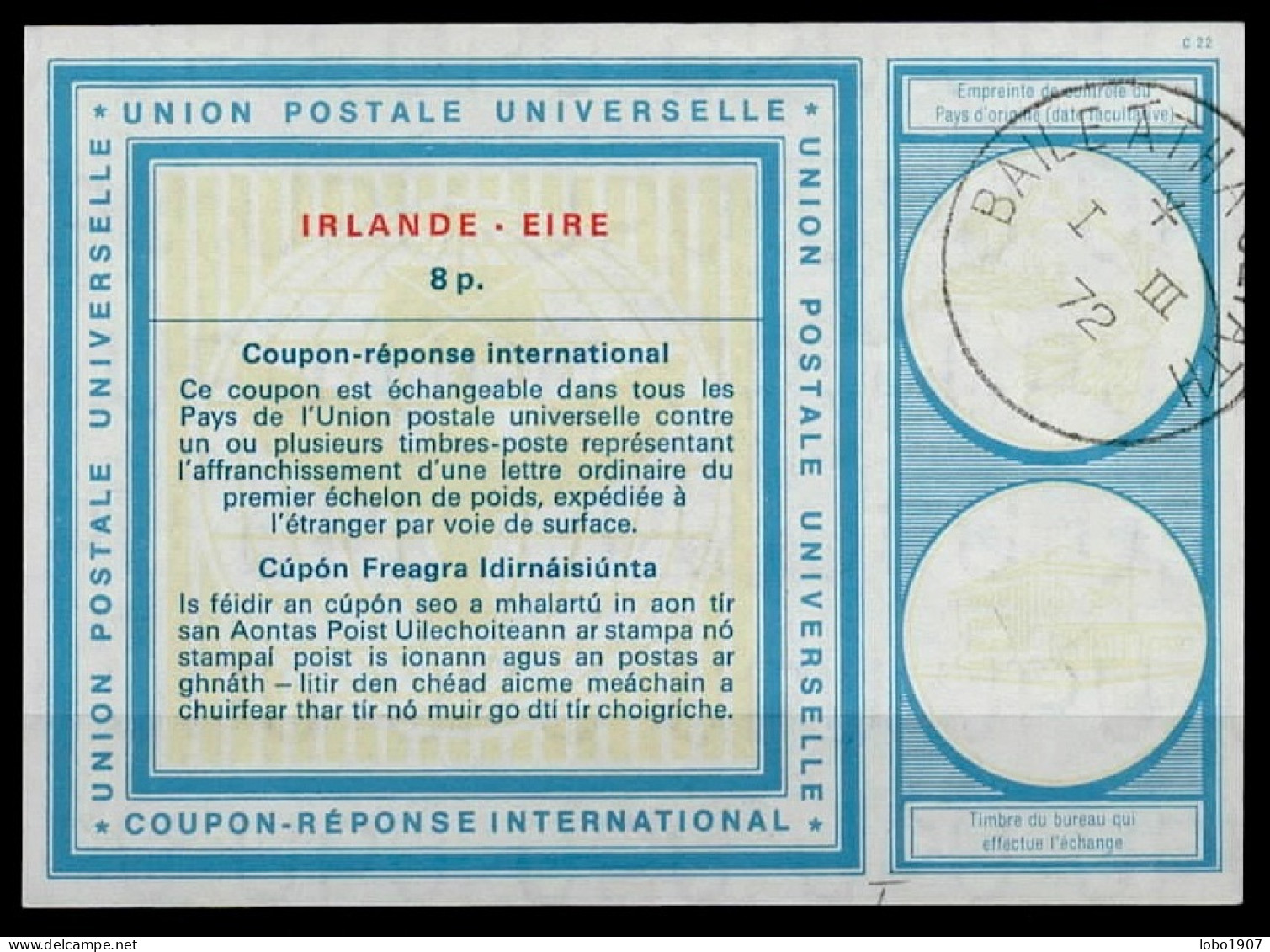 IRLANDE IRELAND ÉIRE  Vi20  8p. International Reply Coupon Reponse Antwortschein IRC IAS O B.A.C. 01.03.72 Pdv! - Postal Stationery