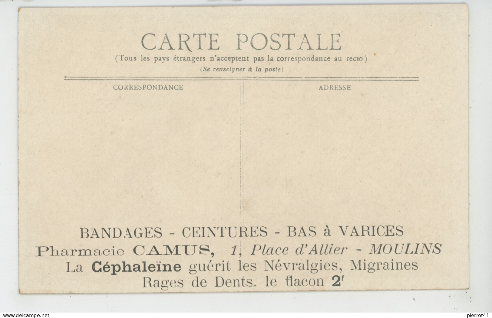 PUBLICITÉ - BÉBÉS - Divertissement De Nos Bébés - Carte PUB De LA PHARMACIE CAMUS à MOULINS  - Bandages Ceintures Bas - Publicité