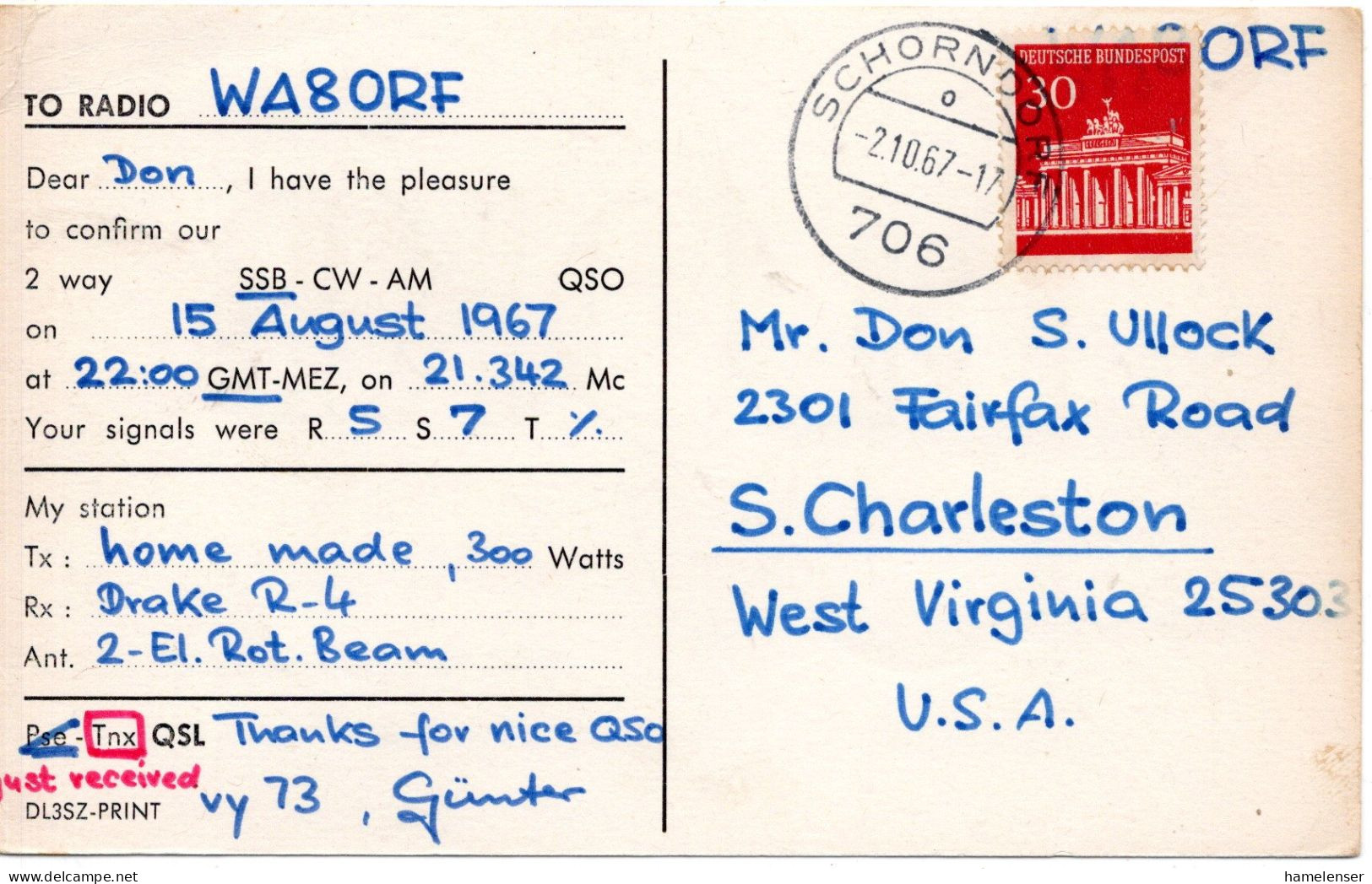78982 - Bund - 1967 - 30Pfg Brandenburger Tor EF A Kte SCHORNDORF -> S. Charleston, WV (USA) - Lettres & Documents