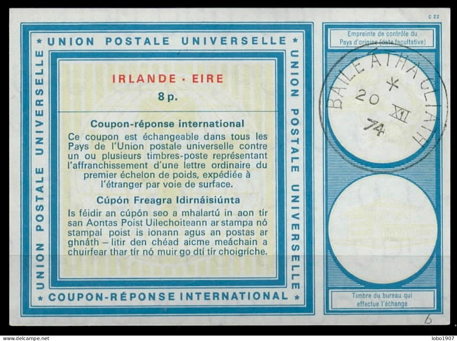 IRLANDE IRELAND ÉIRE  Vi21  8p. International Reply Coupon Reponse Antwortschein IRC IAS O B.A.C. 20.12.74 - Postwaardestukken