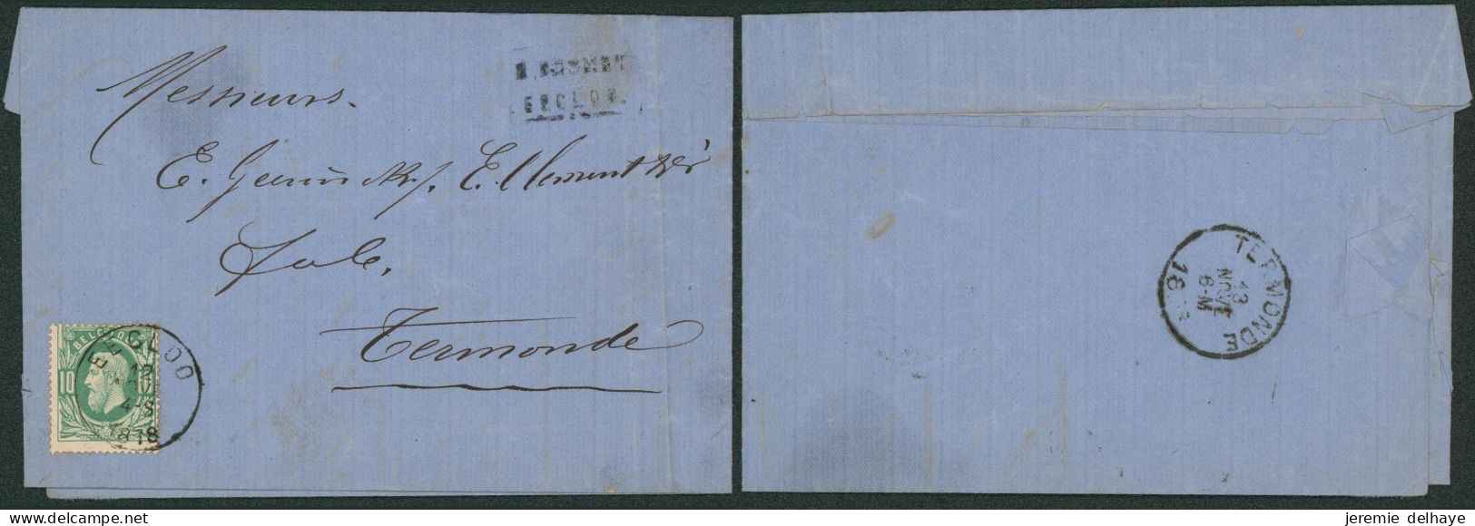 émission 1869 - N°30 Sur Lettre Obl Simple Cercle "Eecloo" > Termonde / Cachet Privé - 1869-1883 Leopold II