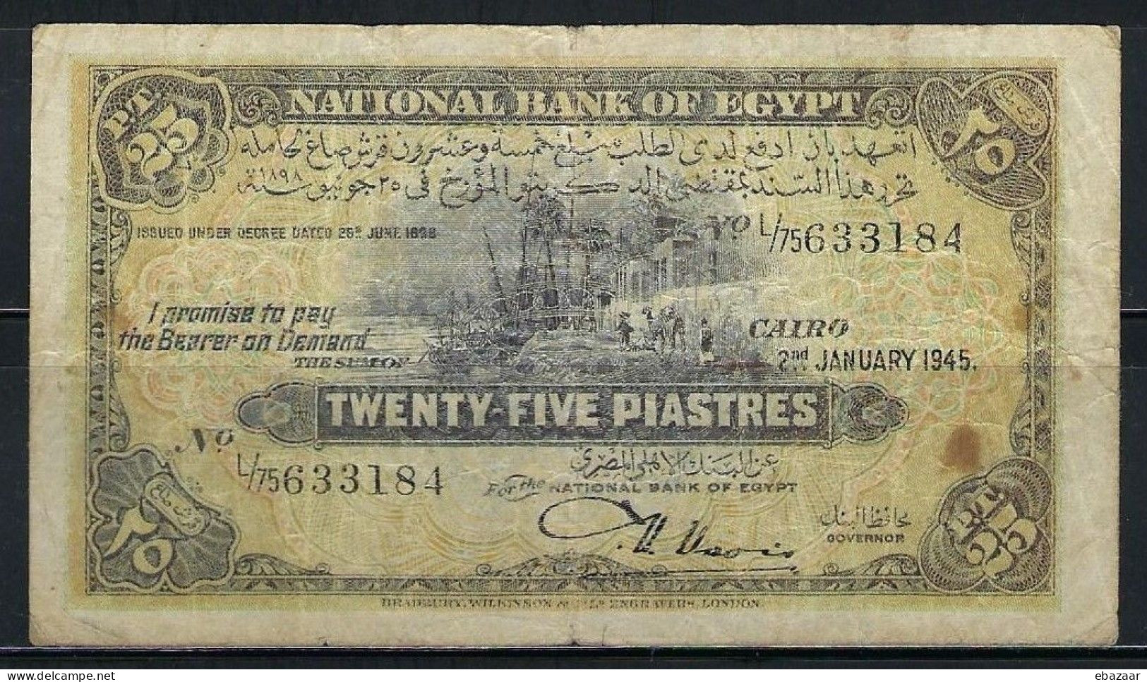 Egypt 25 Piastres Banknote 1940-1946 P-10c Bradbury Wilkinson, London Signature: Nixon, Circulated - Egypte