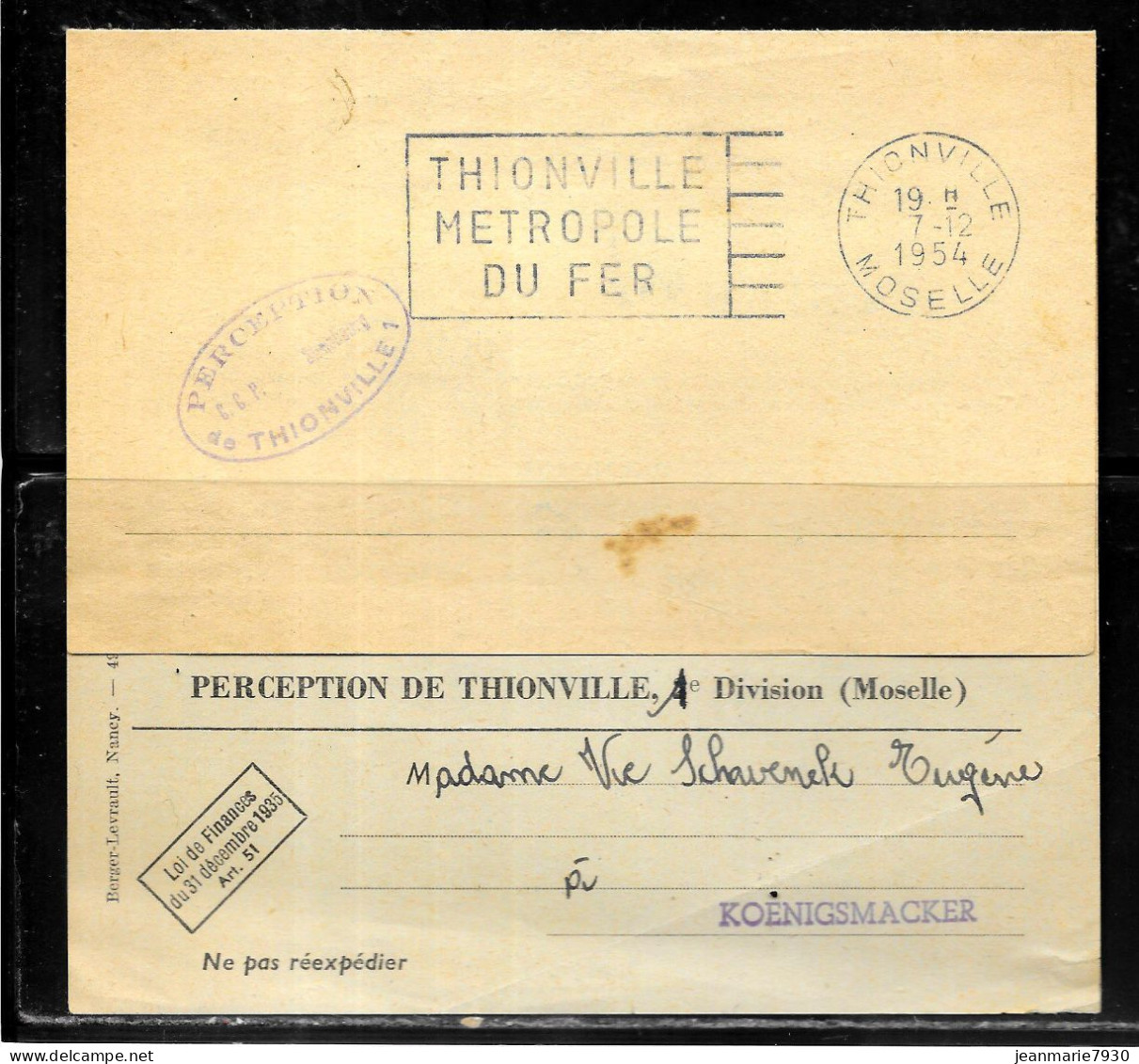 P248 - LETTRE EN FRANCHISE DE THIONVILLE DU 07/12/54 - PERCEPTION C.C.P STRASBOURG - Civil Frank Covers