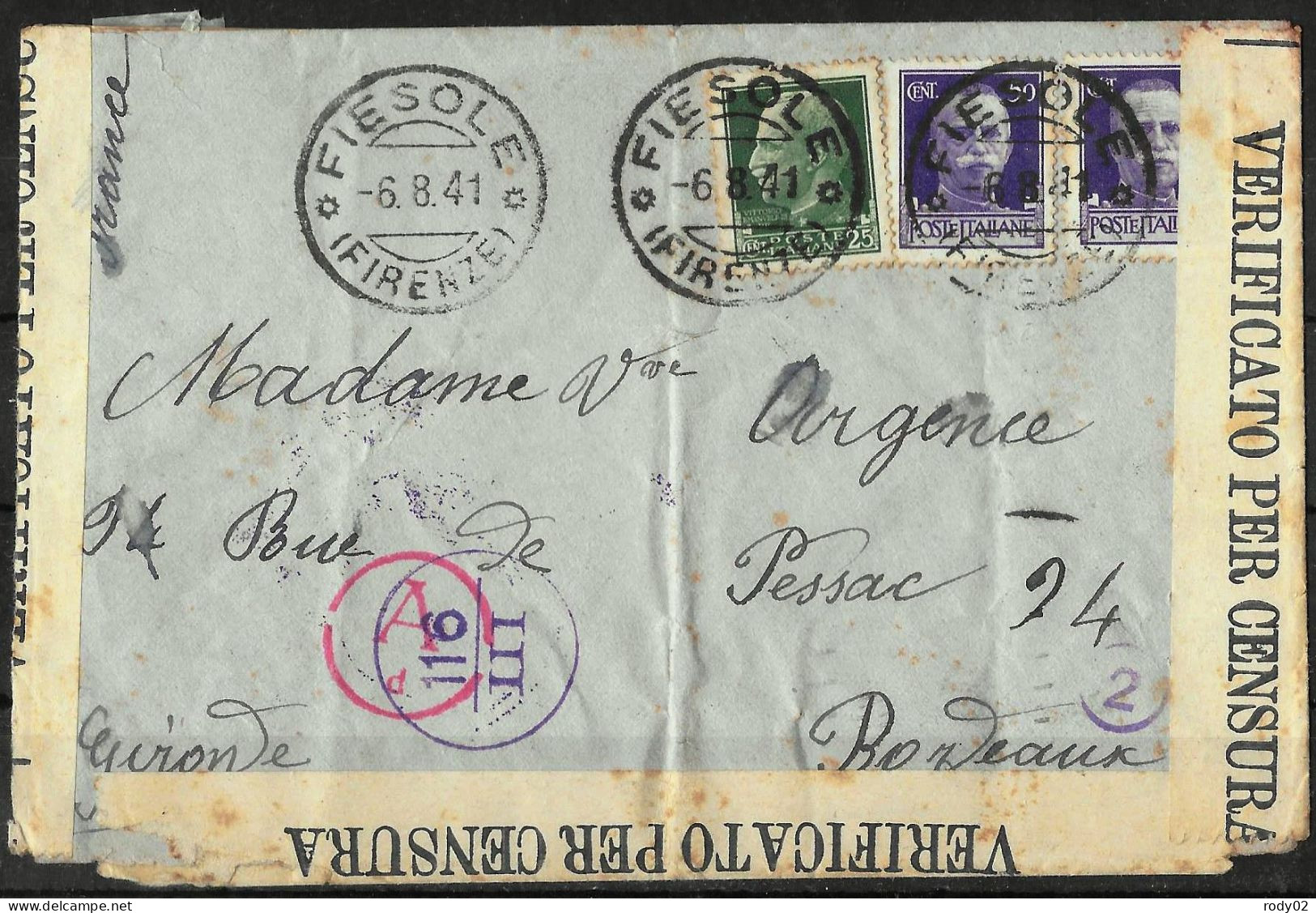 ITALIE - 2EME GUERRE MONDIALE - ENVELOPPE DU 6 AOUT 1941 CENSUREE - 2 SCANS - WW2