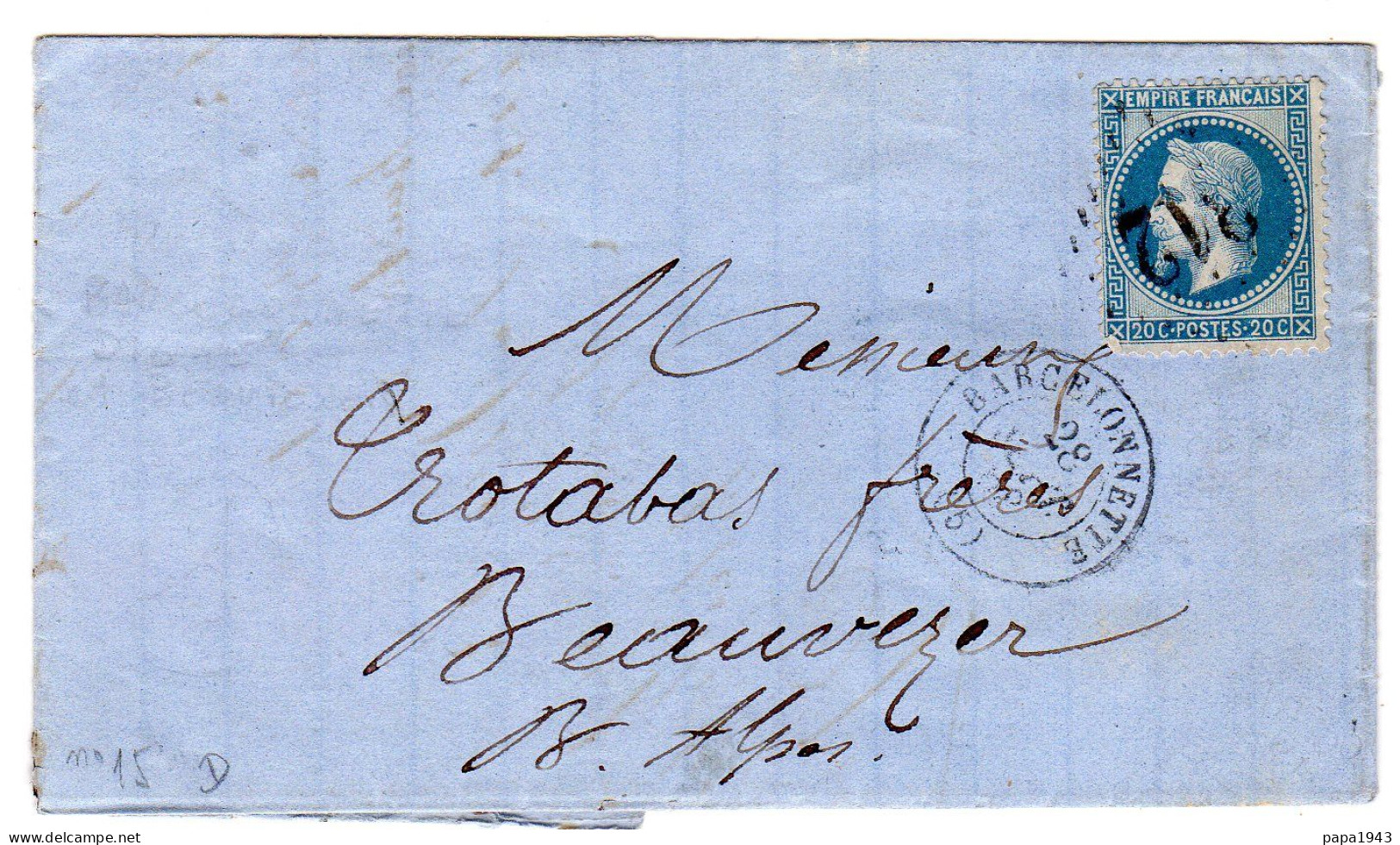 1868  CAD T 15 De BARCELONNETTE  G C 312  Envoyée à BEAUVEZER 04  ( Facture GASSIER Père Et Fils ) - 1849-1876: Klassik