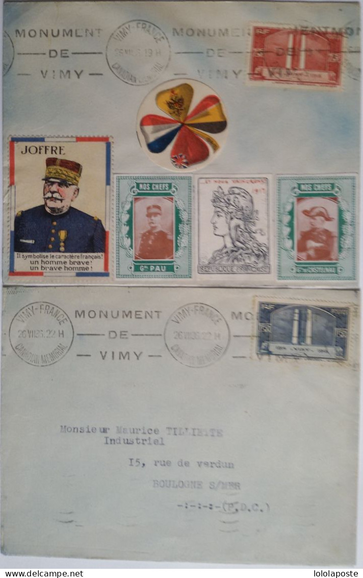FRANCE - 2 FDC VIMY Sur Belles Enveloppes Dont Celle Du 75c Décorée De 5 Vignettes (Joffre, Pau, Castelnau, Marianne...) - ....-1949