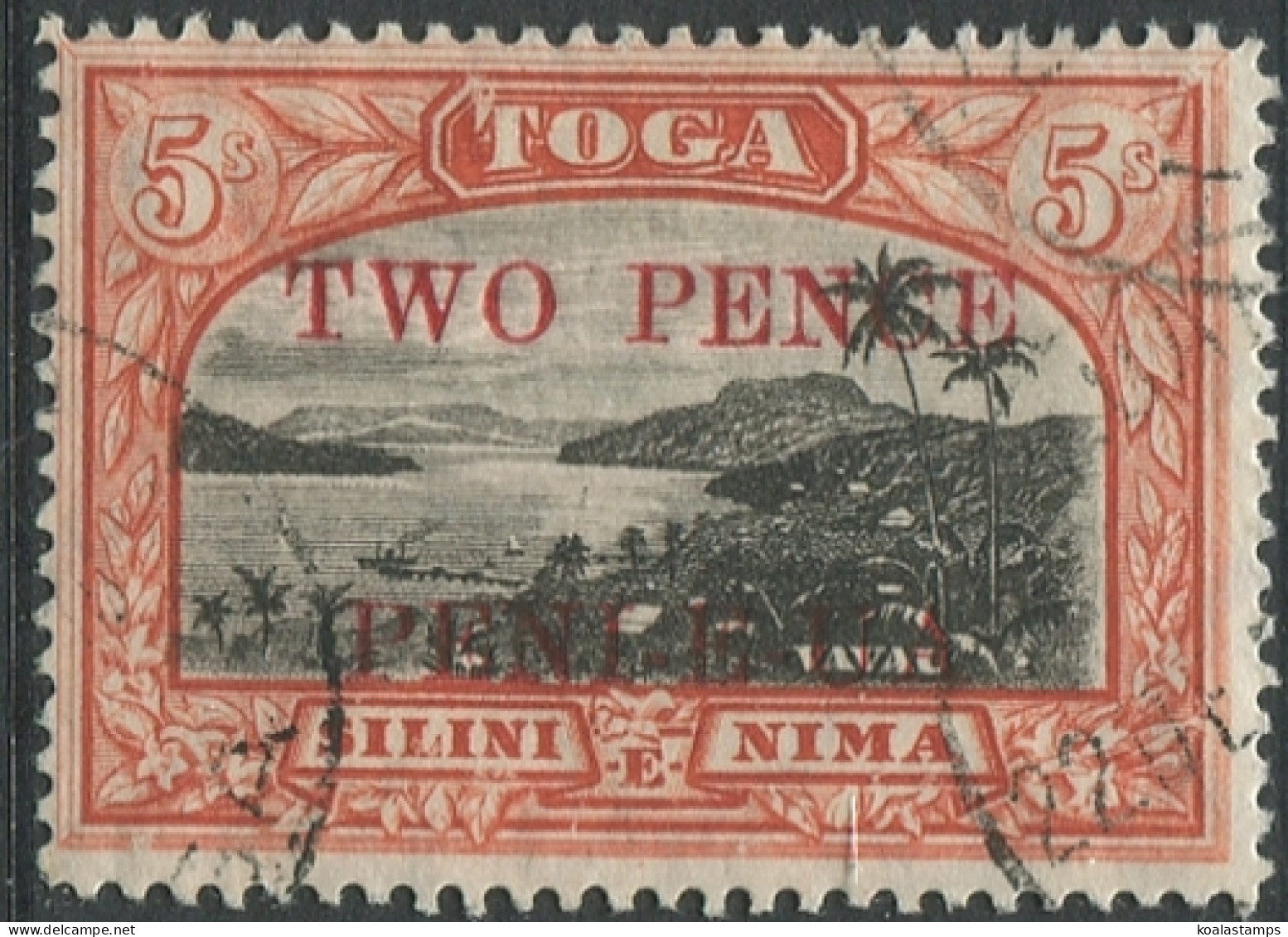 Tonga 1923 SG70 2d On 5/- Vavau Harbour #2 FU - Tonga (1970-...)