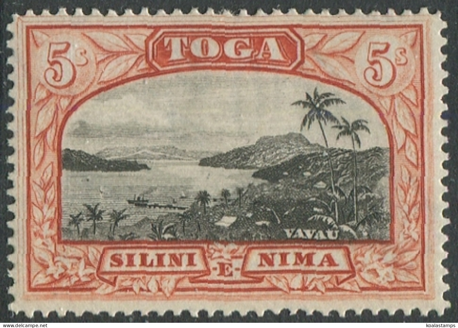 Tonga 1943 SG82 5/- Vavau Harbour Wmk Mult Script CA MLH - Tonga (1970-...)