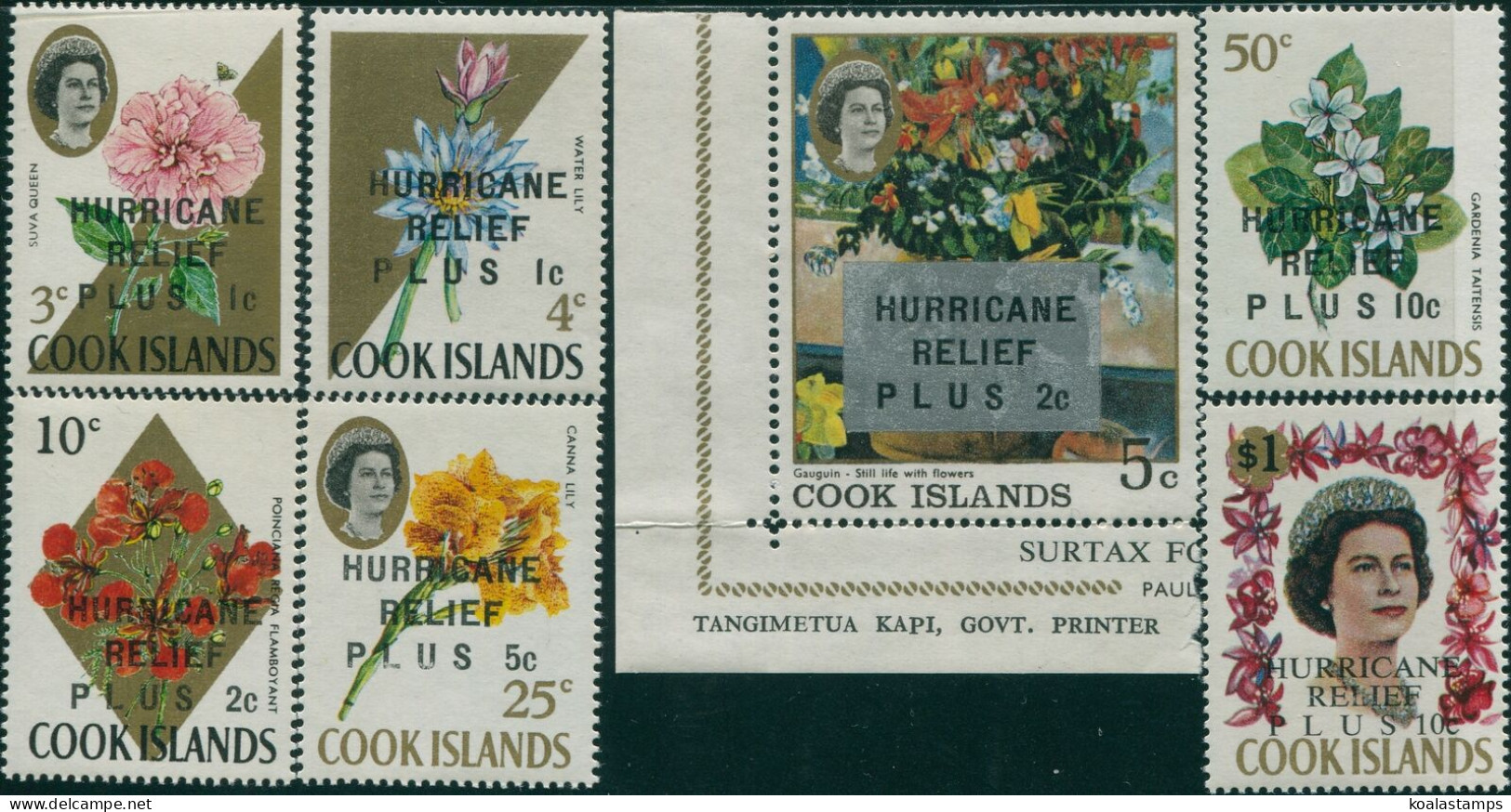 Cook Islands 1968 SG262-268 Flowers Hurricane Relief Ovpt Set MNH - Cook