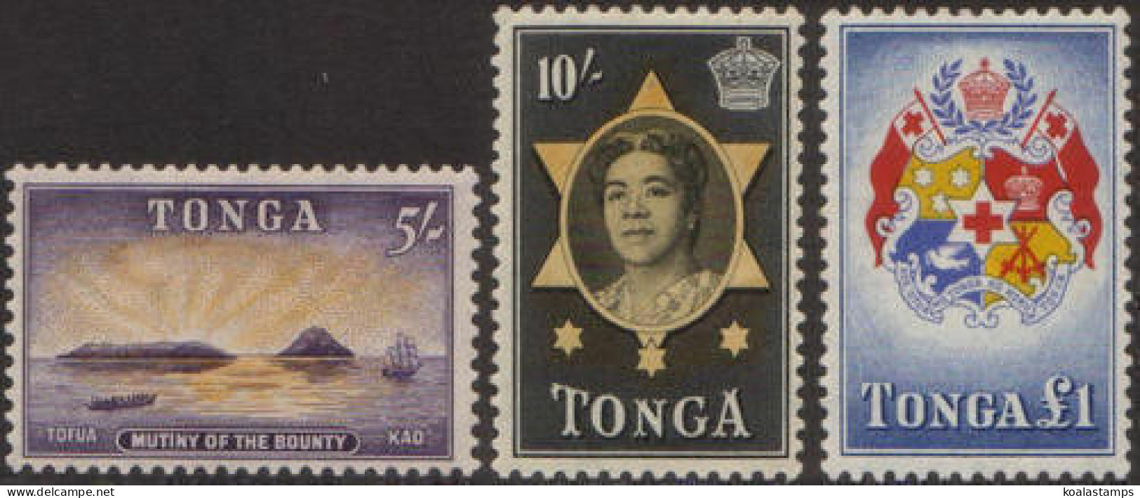 Tonga 1953 SG112-114 5/- Mutiny 10/- Queen Salote And ₤1 Arms MLH - Tonga (1970-...)