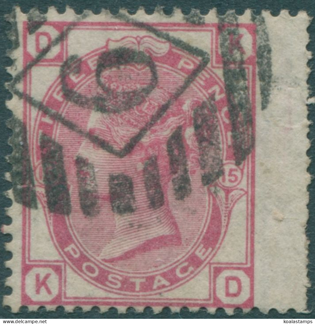 Great Britain 1874 SG144 3d Pale Rose QV DKKD Plate 15 Wing Margin FU - Other & Unclassified